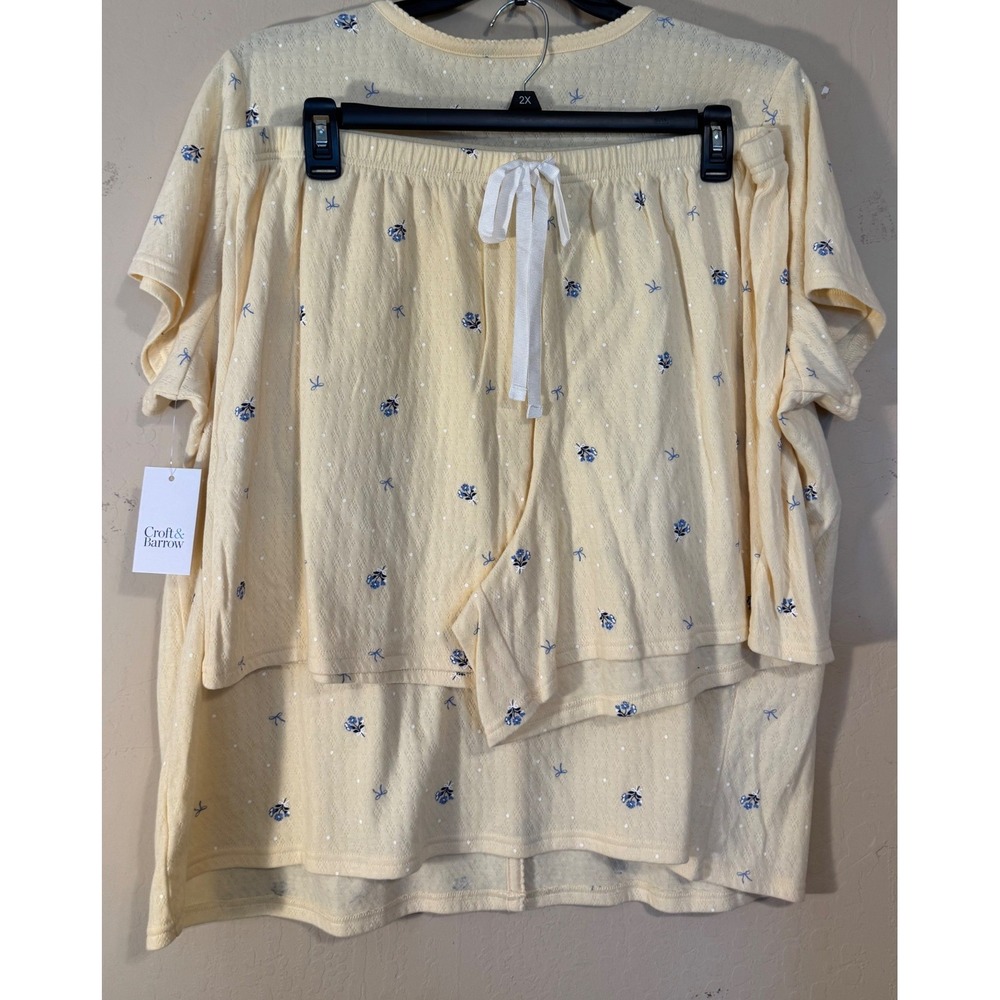 Croft & Barrow Pajama Set‎ Women 2X Yellow Floral Bows Pointelle Top Shorts NEW